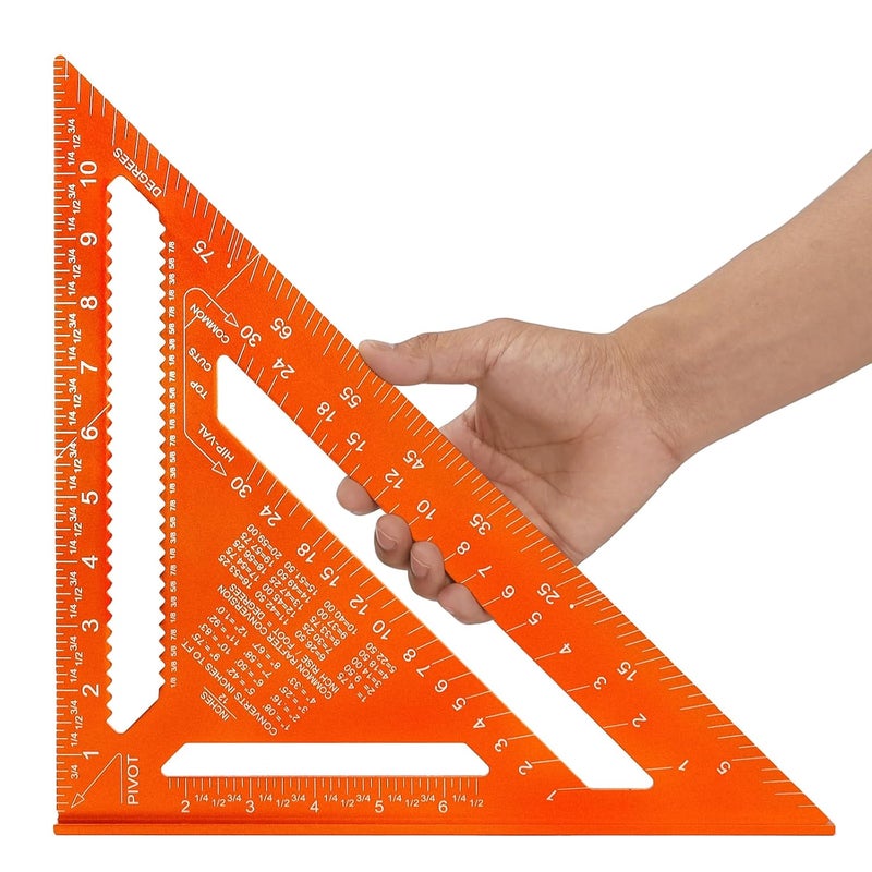 RONGPRO 12 Inch Rafter Square, Carpenter Measuring Layout Tool, Aluminum Alloy Triangle Ruler Protractor for Woodworking and Carpentry - Imperial - Image 1